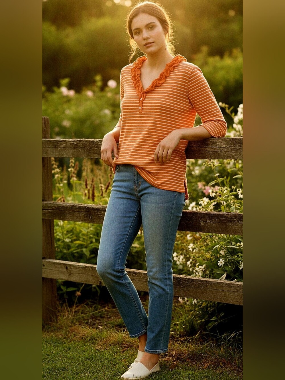 Ralph Lauren Green Label Orange and White Striped Ruffled V-Neck Long Sleeve Top